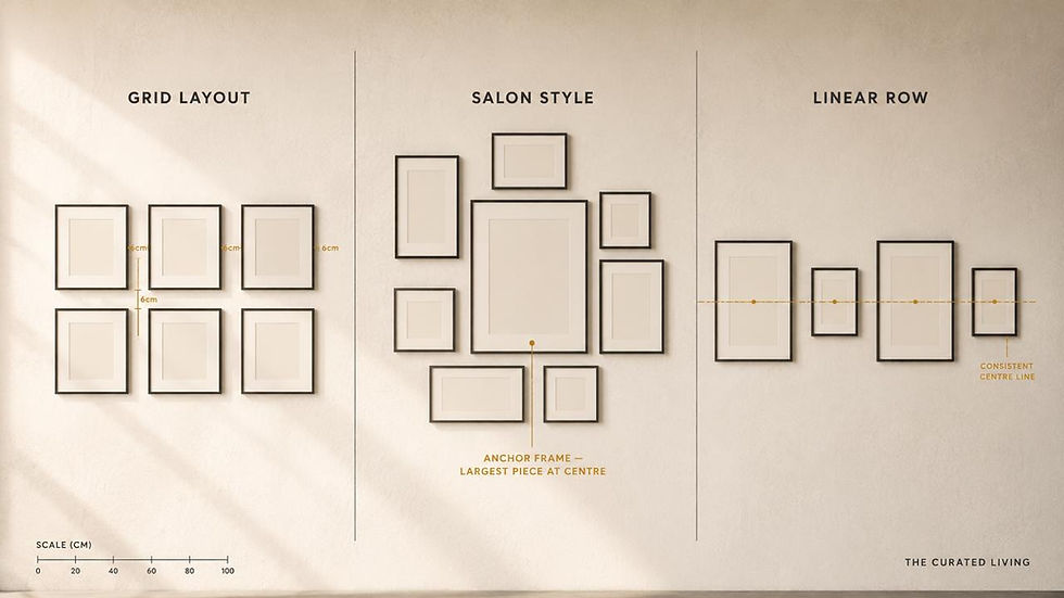 Elevation showing three gallery wall layout styles side by side — grid layout salon style and linear row — with ochre annotation callouts — The Curated Living