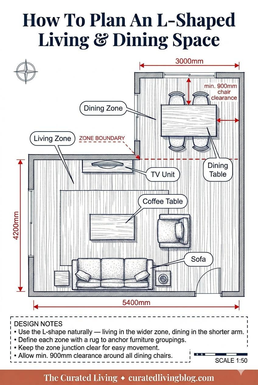 Architect floor plan of L-shaped living and dining space showing zone boundary, sofa, dining table and 900mm clearances at scale 1:50