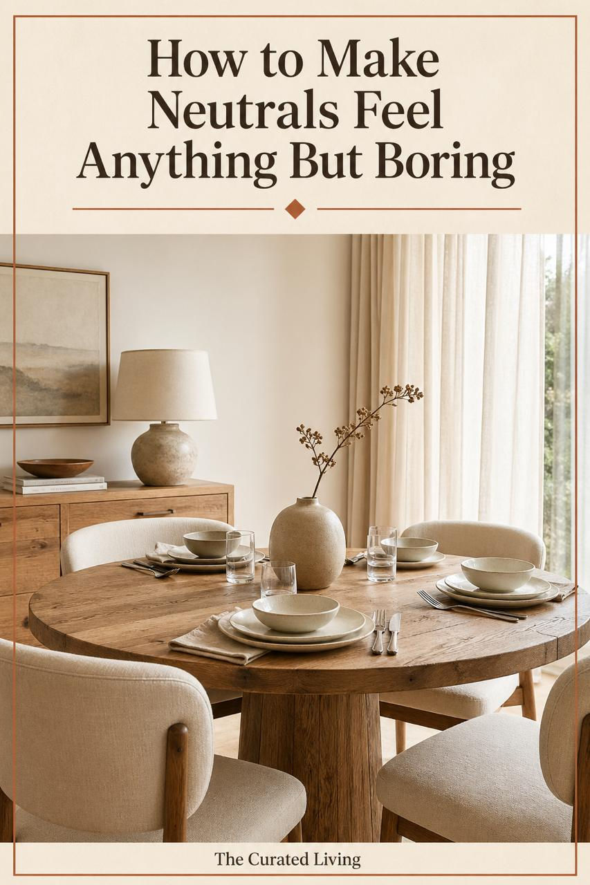 Warm neutral dining room with round oak table, cream chairs, linen curtains and ceramic vase — how to make neutrals feel anything but boring