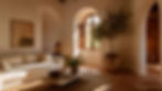 Mediterranean living room with ivory linen sofa, pierced brass lantern, arched wooden shutter window, olive tree and terracotta tiled floor