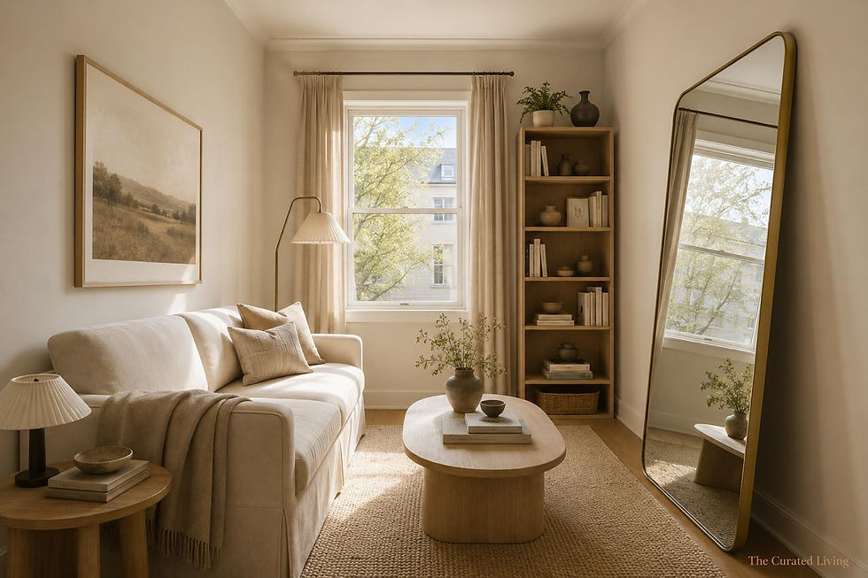 A small but beautifully edited living room with a compact ivory sofa, slim coffee table, large leaning mirror and warm afternoon light — an example of small room furniture rules done right.