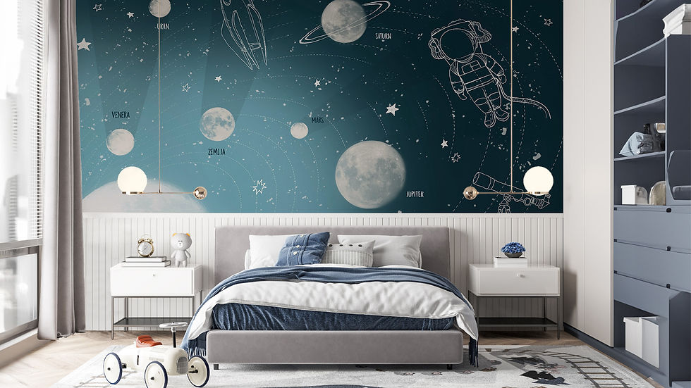 Uzay temalı duvar kağıdıyla dekore edilmiş şirin çocuk odası, astronotlar ve gezegenlerle miniklere keşif dolu bir uyku vaat ediyor.