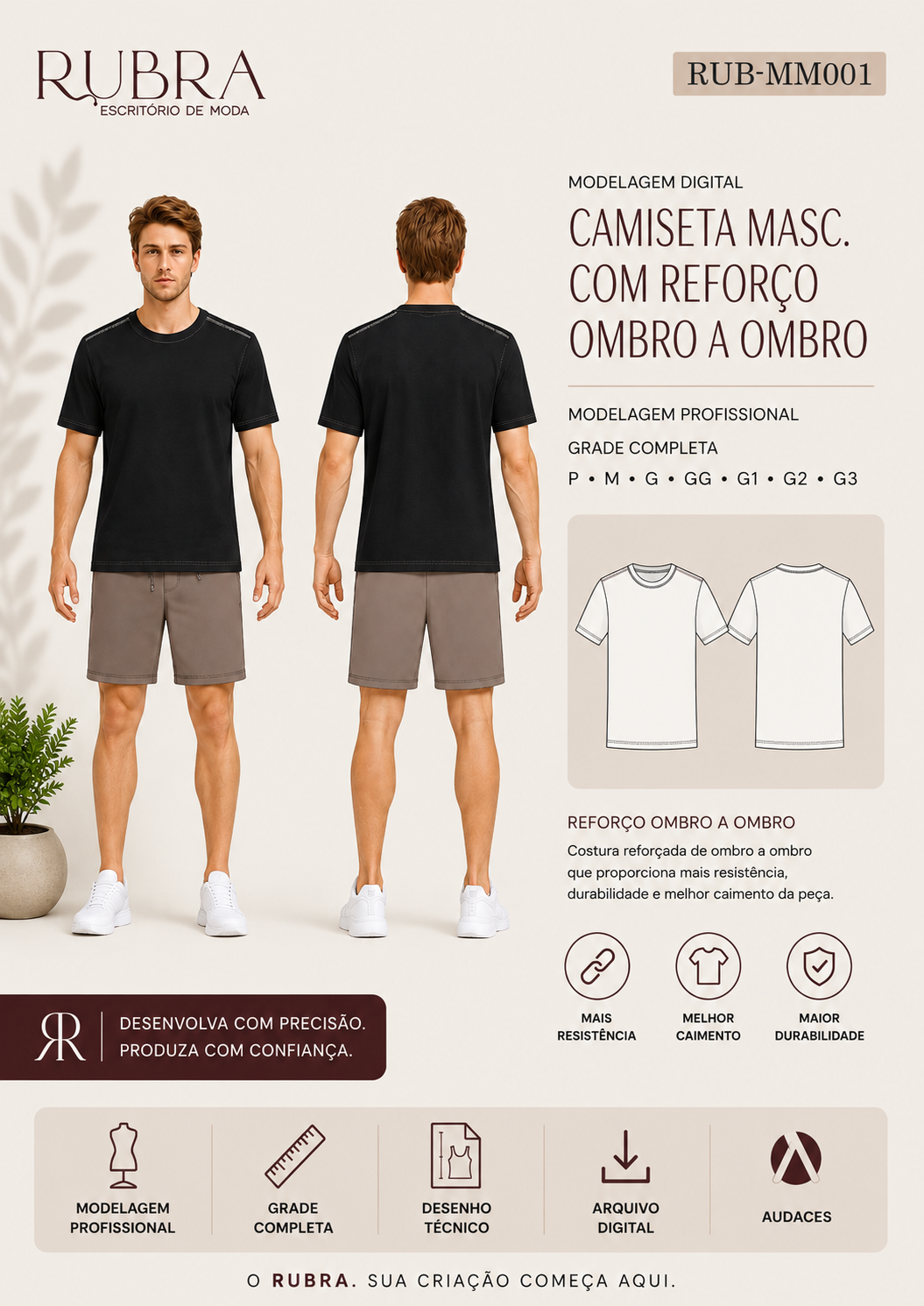 CAMISETA MASC. COM REFORÇO OMBRO A OMBRO | RUB-MM001