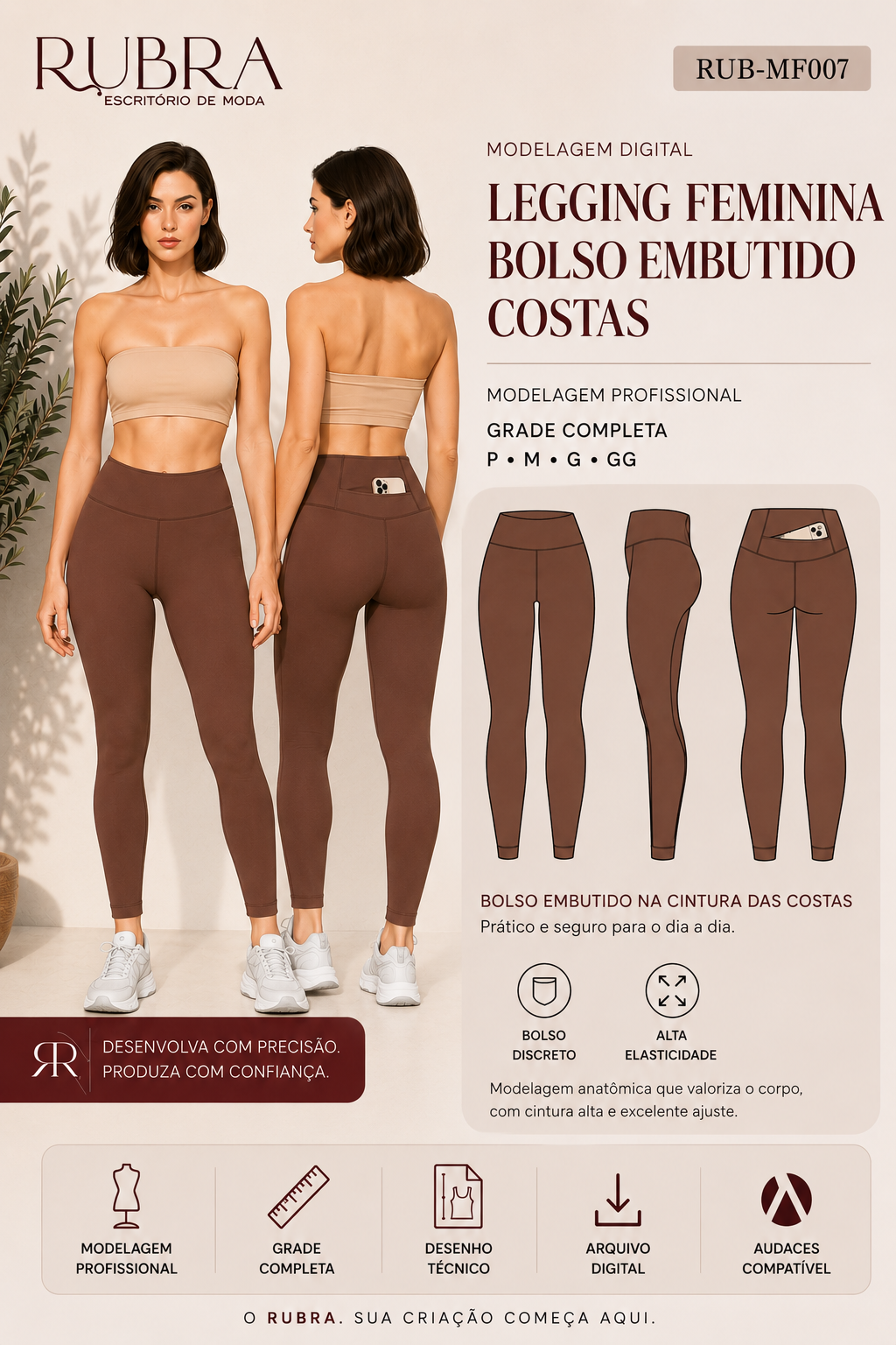 LEGGING FEM. POLIAMIDA COM BOLSO EMBUTIDO NO CÓS COSTAS | RUB-MF007