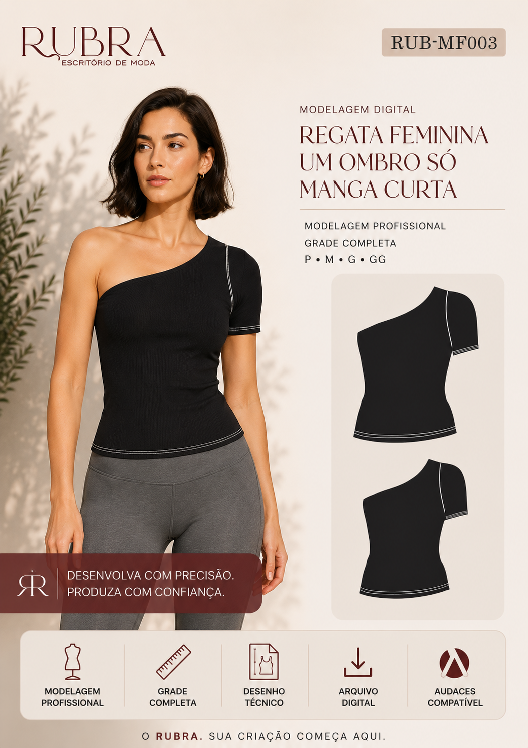 REGATA FEM. UM OMBRO SÓ COM MANGA CURTA | RUB-MF003