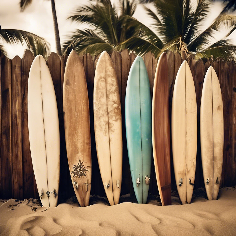 old surfboards in hawai, lined up in the sand, wooden feel.jpg