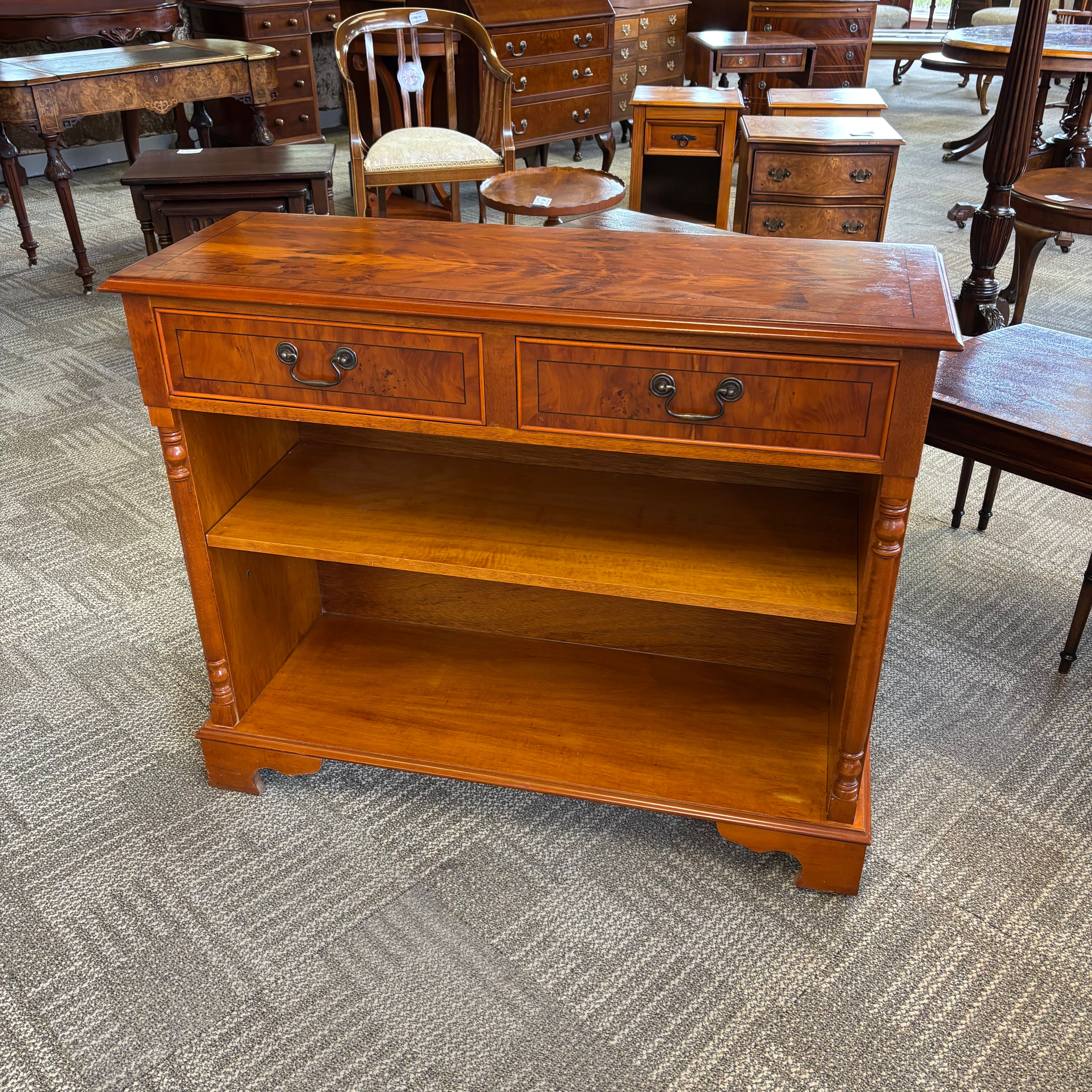 Beautiful yew open bookcase with two drawers
