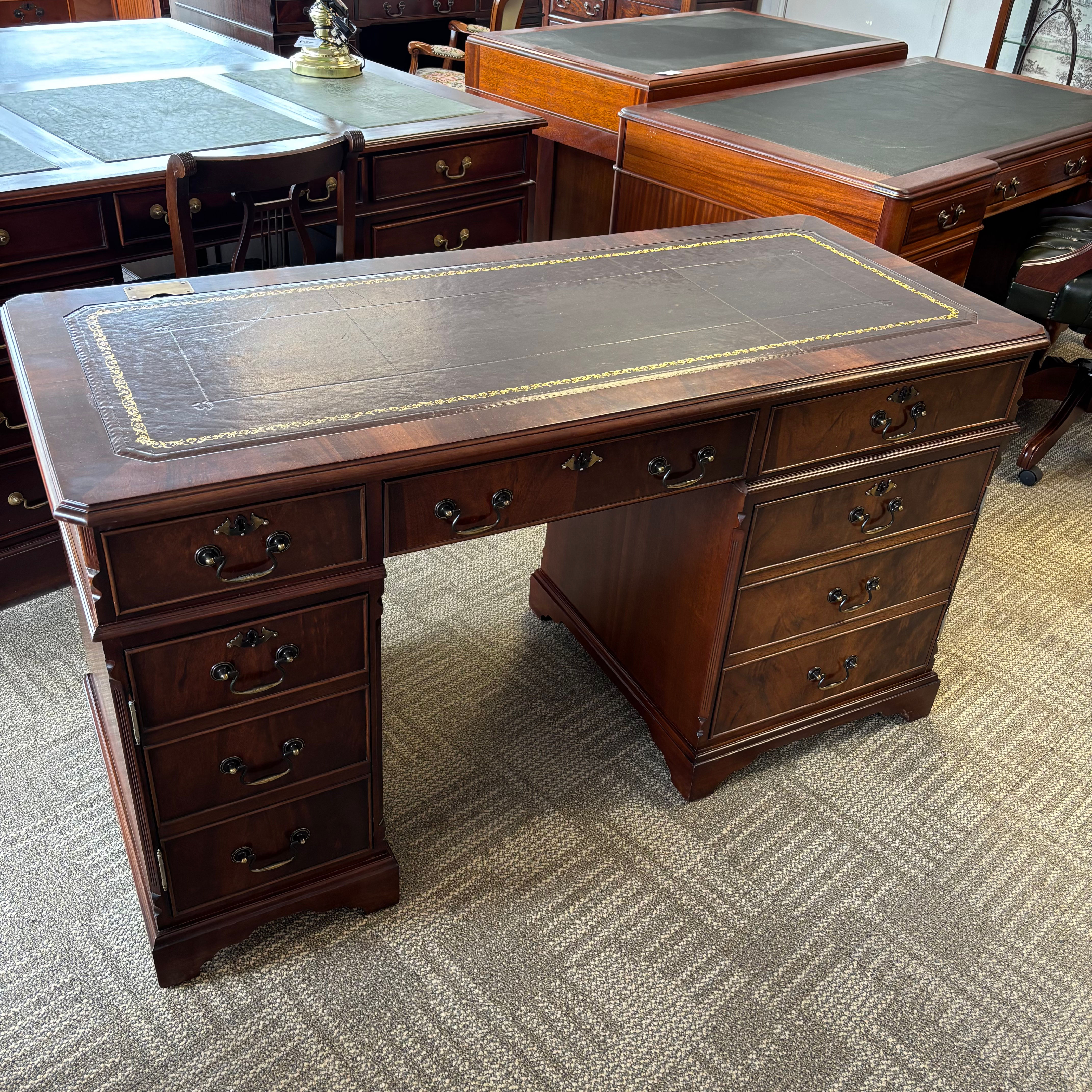 Mahogany flamed red leather top twin pedestal computers writing desk