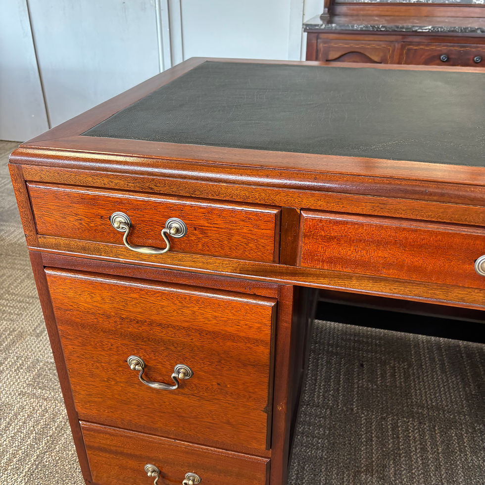 Thumbnail: Mid century green leather top pedestal writing desk