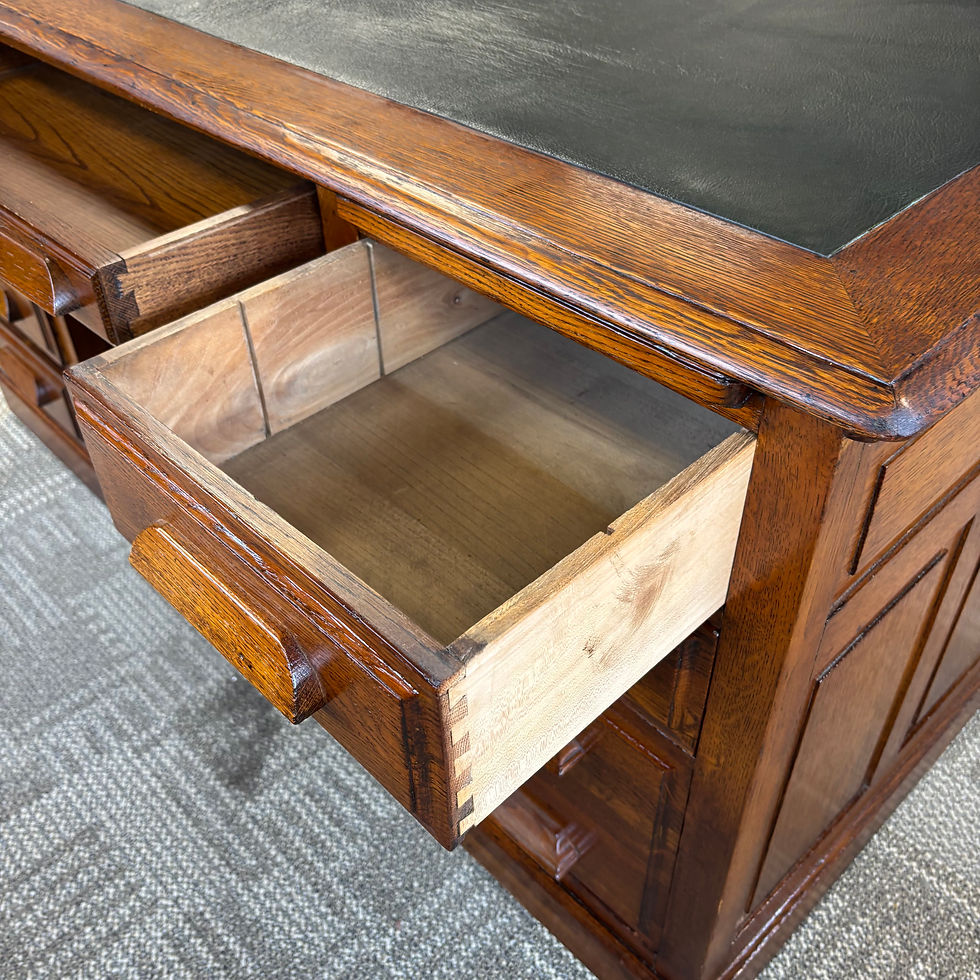 Thumbnail: Antique oak green leather top partners (double sided) pedestal writing desk