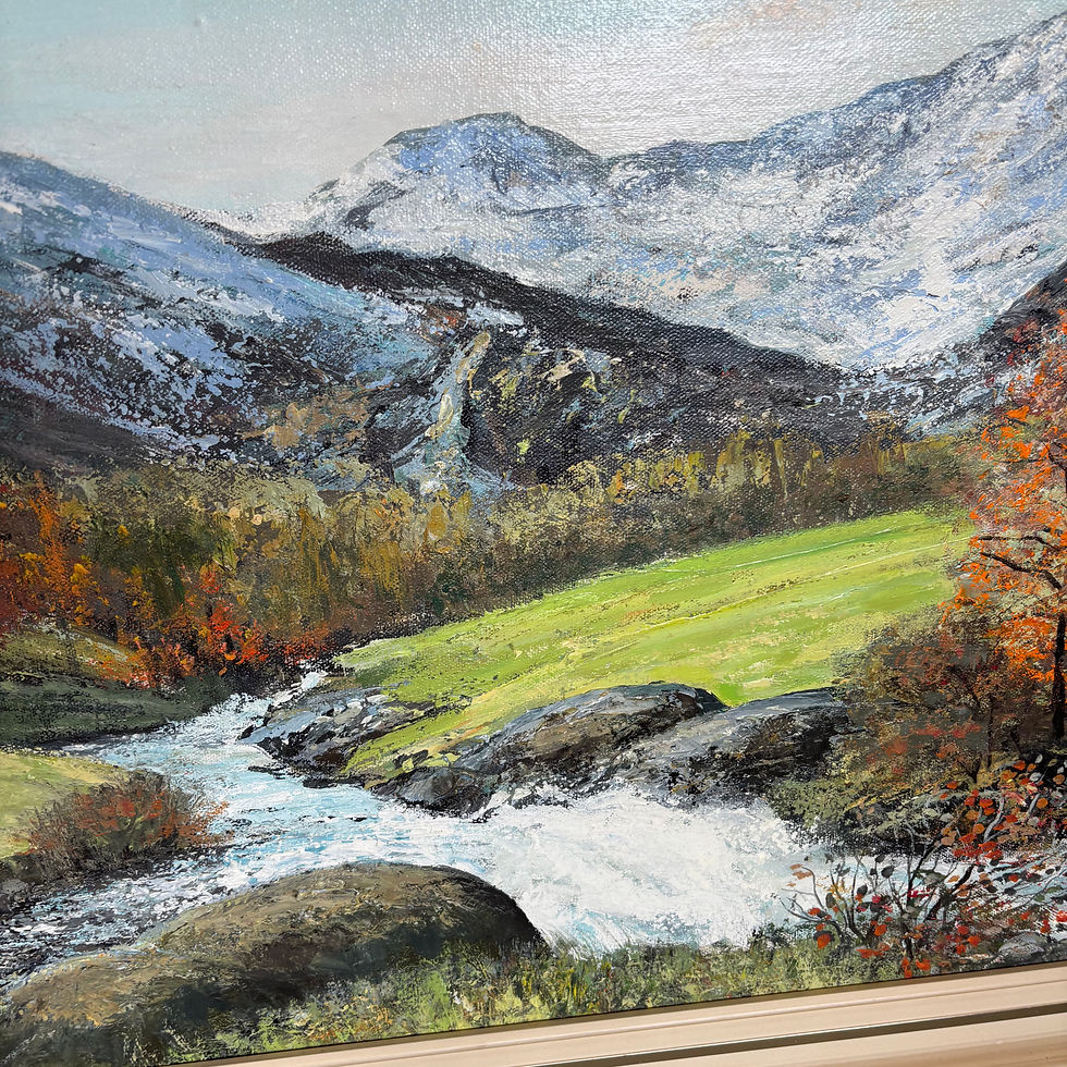 Thumbnail: River scene with mountains signed by K Lund.