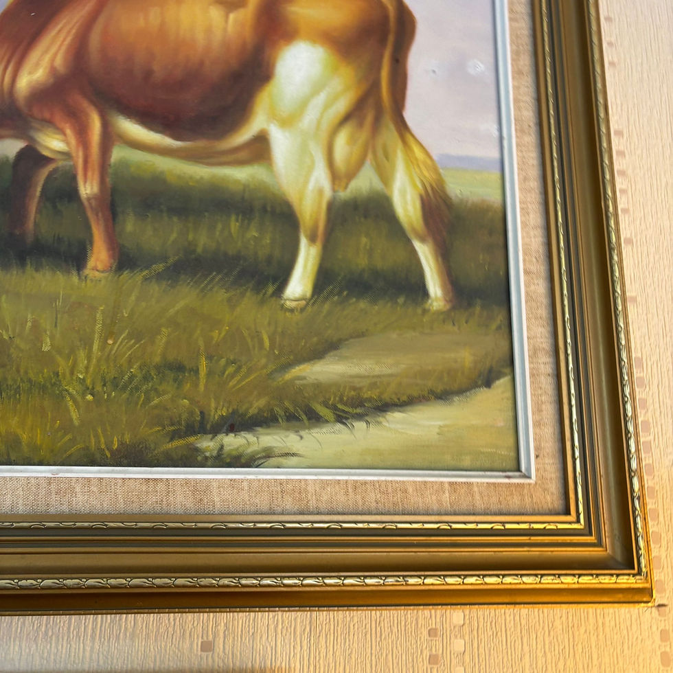 Thumbnail: "Relax by the tree sunset, farm scene" Signed. Oil on canvas, ornate gilt frame