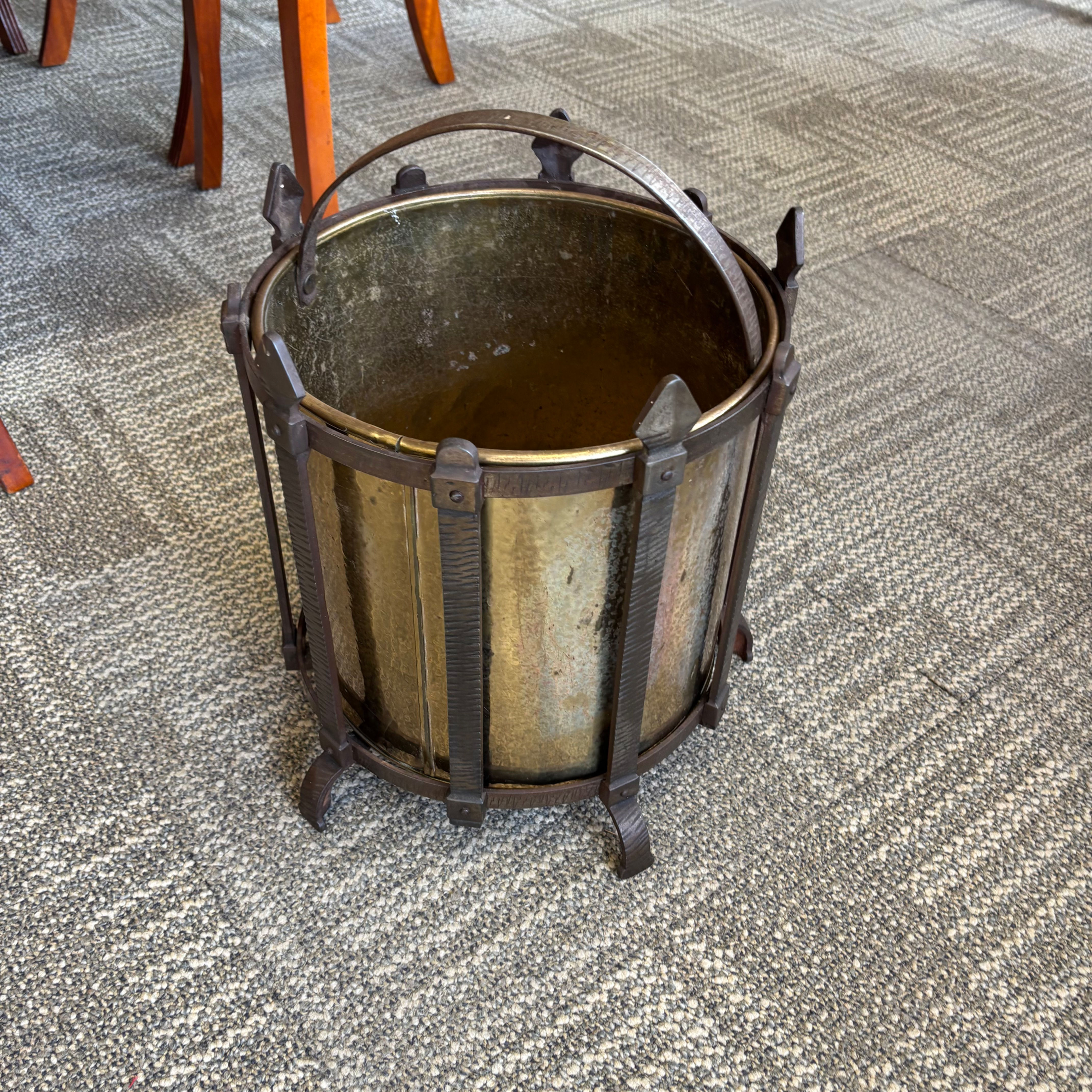 Gothic Arts & Crafts coal or log bucket, featuring a brass insert set