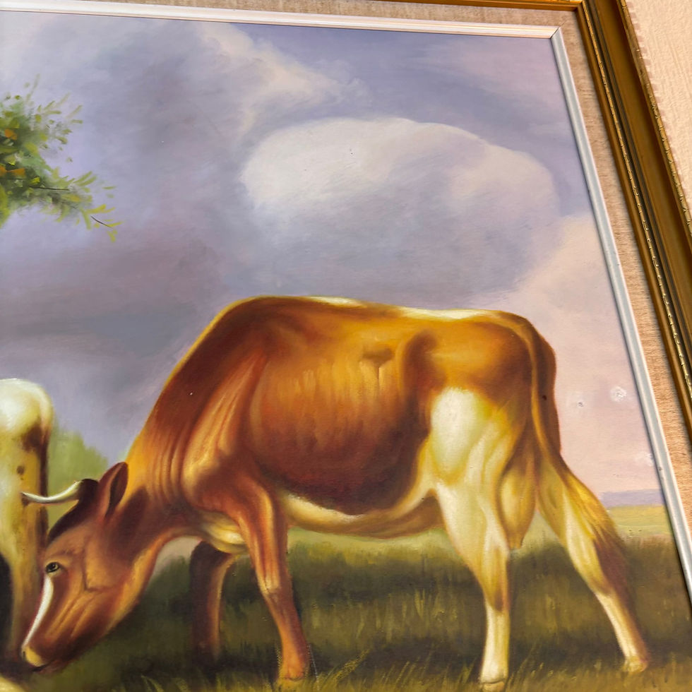Thumbnail: "Relax by the tree sunset, farm scene" Signed. Oil on canvas, ornate gilt frame