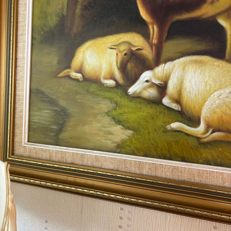 Thumbnail: "Relax by the tree sunset, farm scene" Signed. Oil on canvas, ornate gilt frame