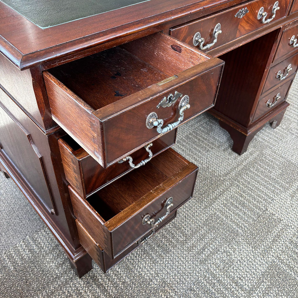 Thumbnail: Mahogany flamed green leather top twin pedestal writing desk