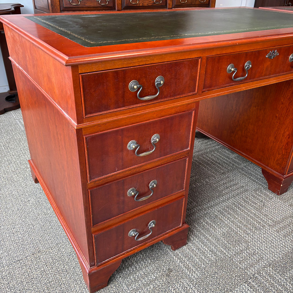 Thumbnail: Gorgeous yew green leather top twin pedestal writing desk