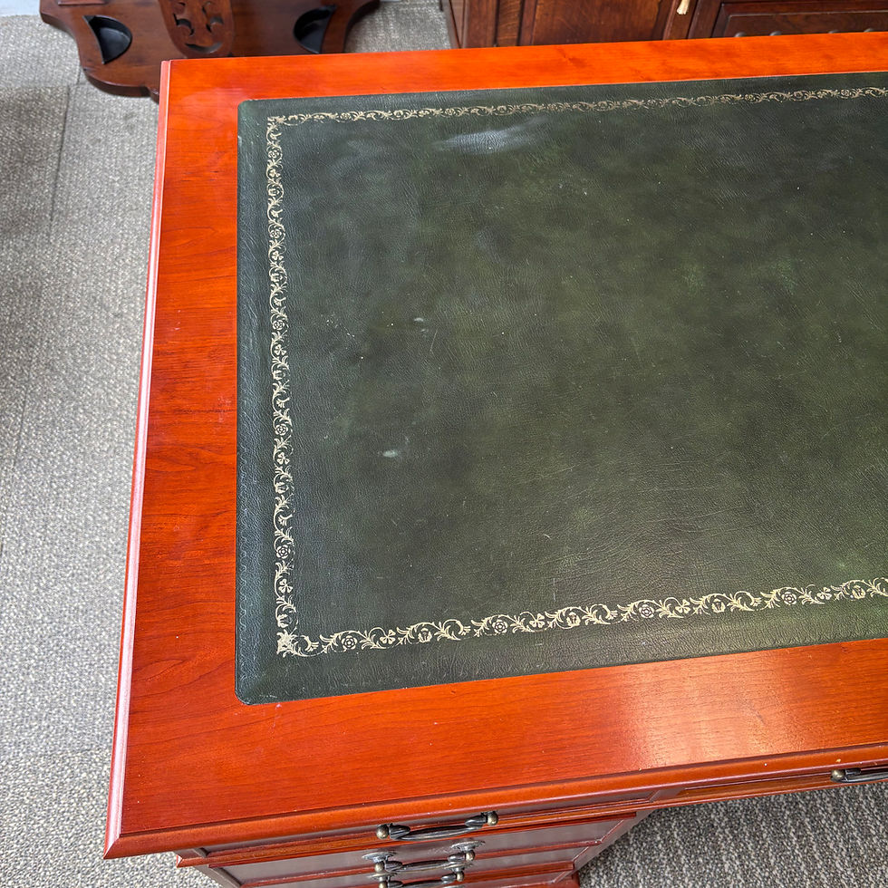 Thumbnail: Gorgeous yew green leather top twin pedestal writing desk