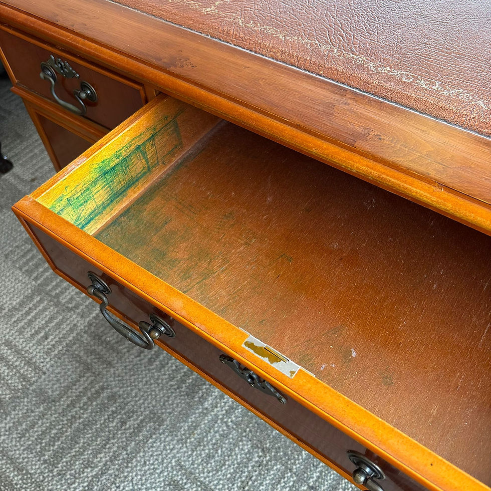 Thumbnail: Yew twin pedestal writing desk with tan leather top