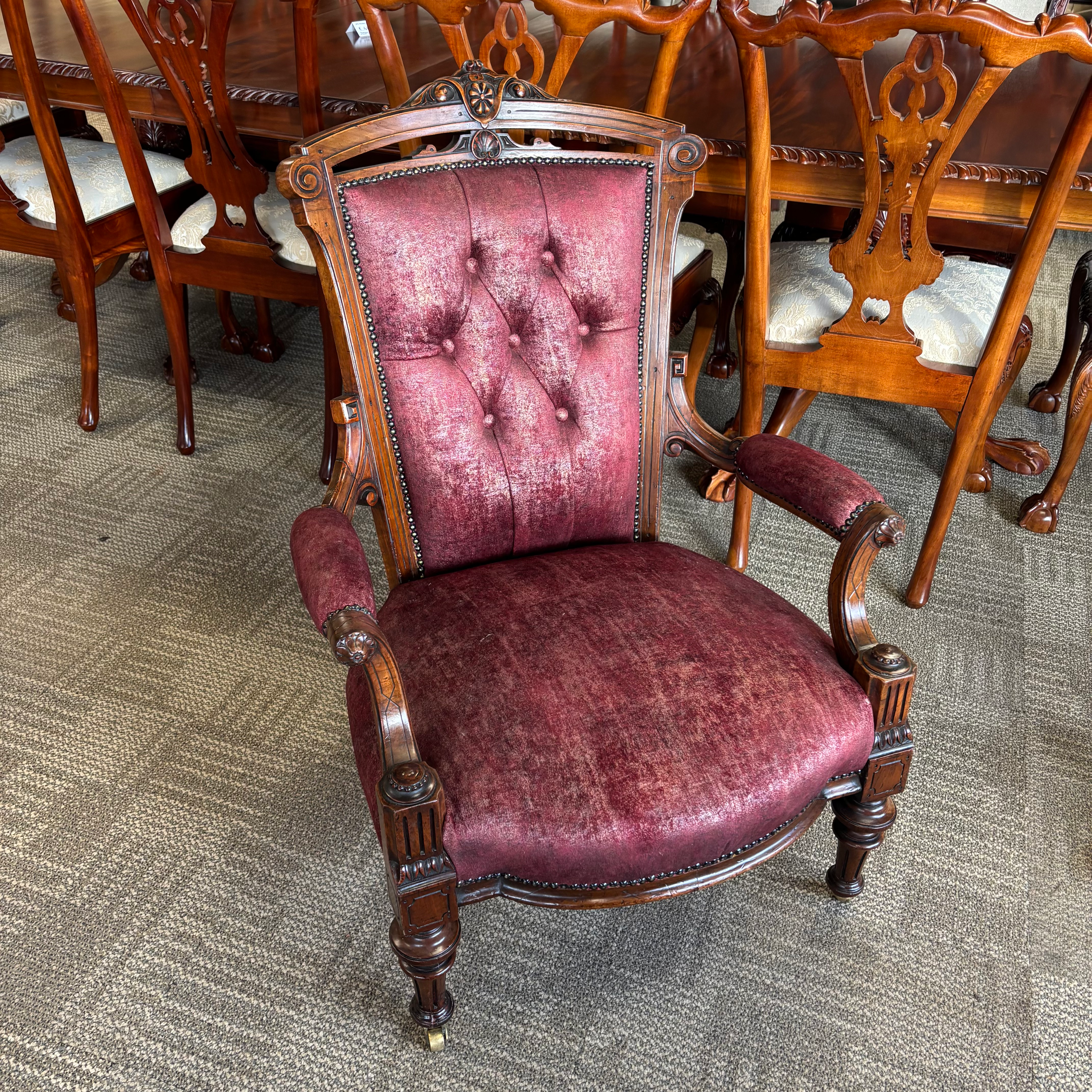 Fabulous velvet purpled Victorian carved high back occasional chair