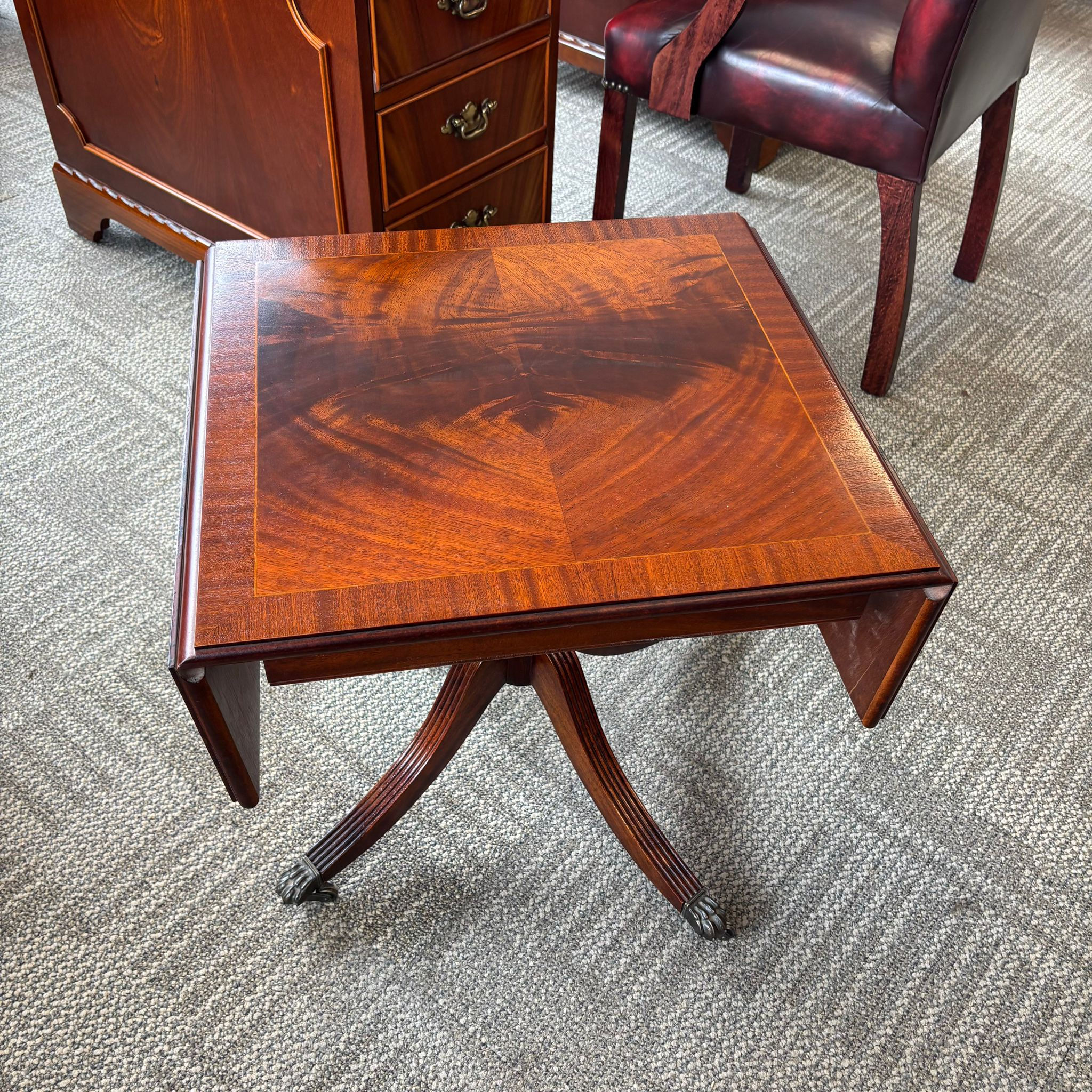 Fabulous mahogany inlaid drop leaf occasional table