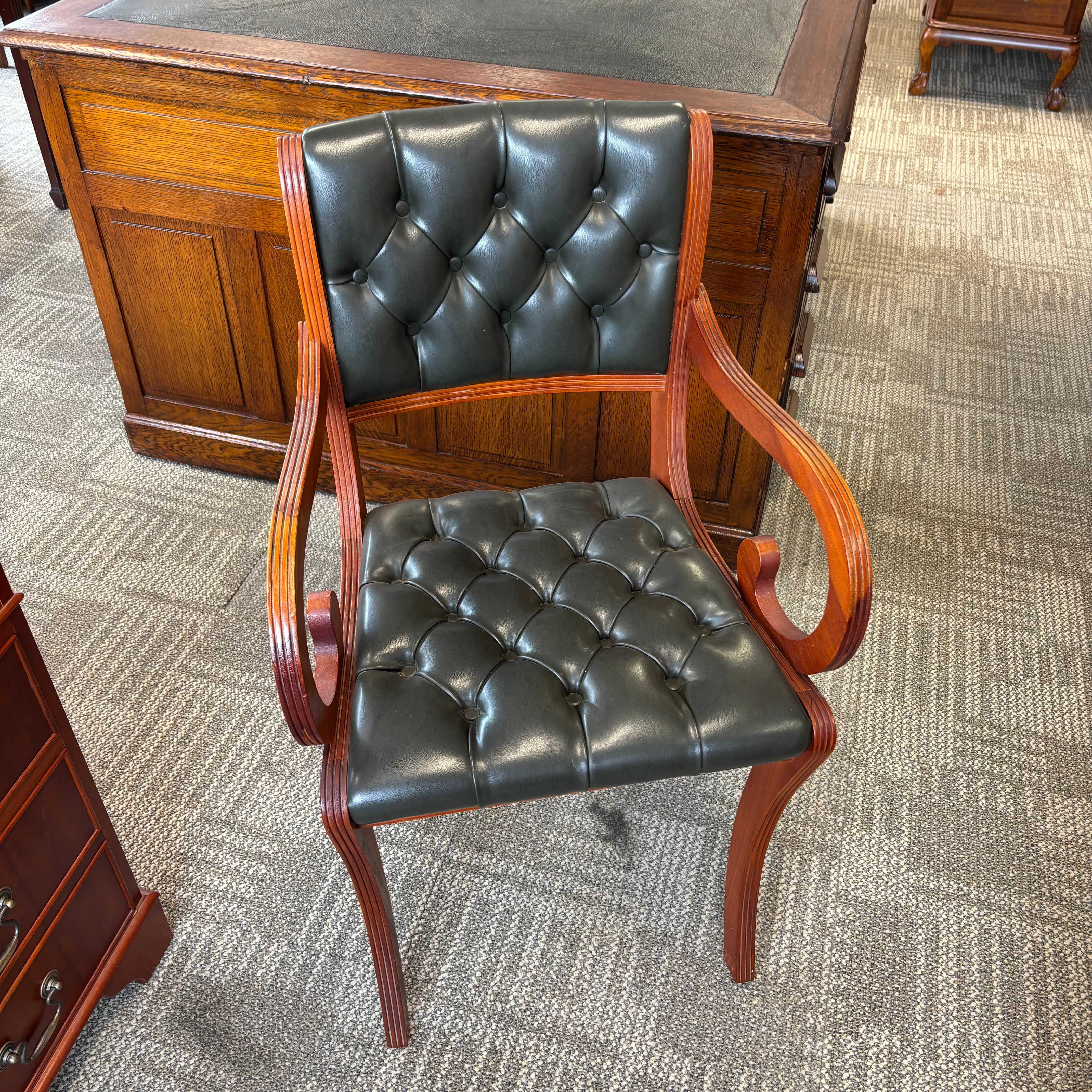 Button backed green leather occasional desk chair