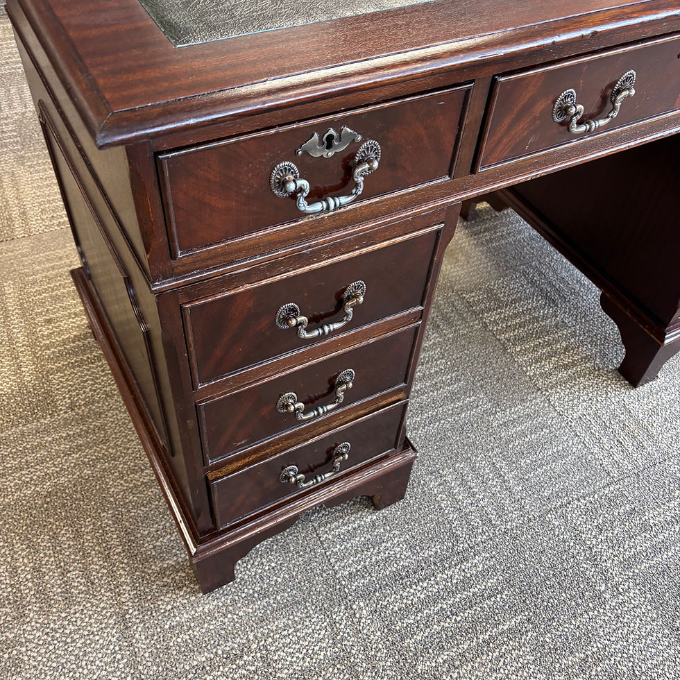 Thumbnail: Mahogany flamed green leather top twin pedestal writing desk