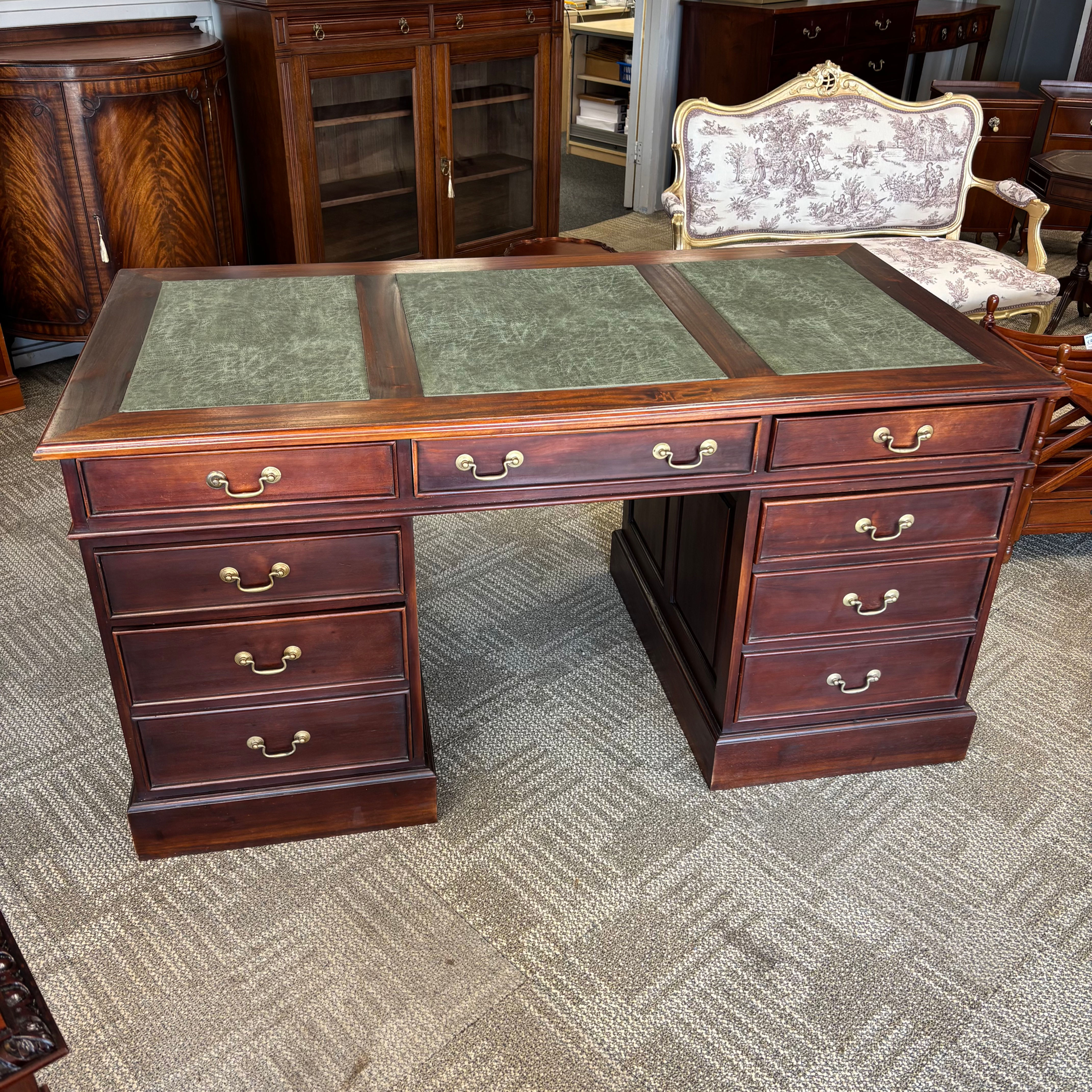 Mahogany green leather top twin pedestal computers desk