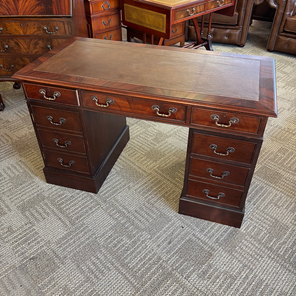 Fabulous mahogany tan leather pedestal writing desk