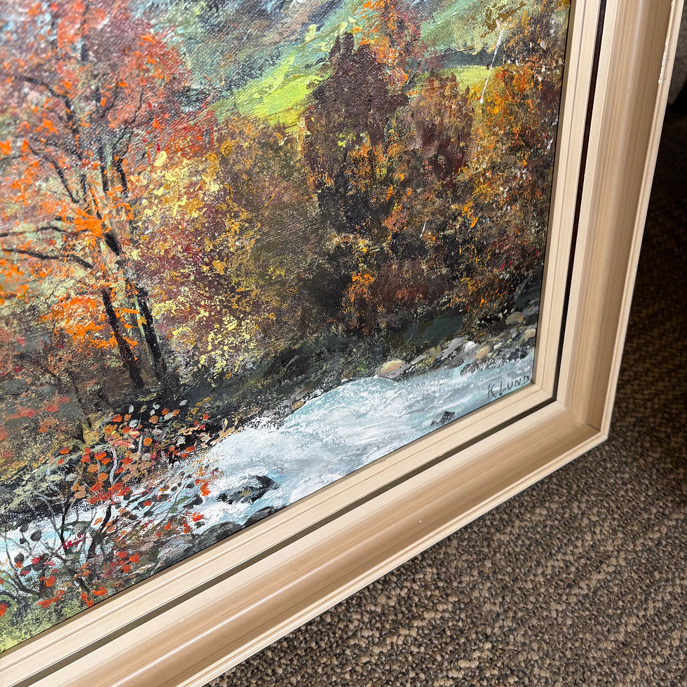 Thumbnail: River scene with mountains signed by K Lund.