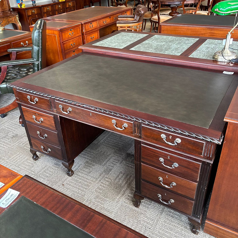 Thumbnail: 19th century mahogany roped edge pedestal writing desk with green leather top