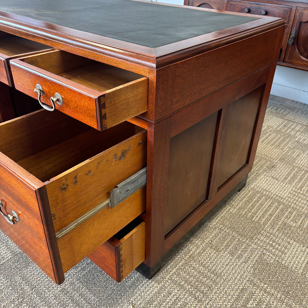 Thumbnail: Mid century green leather top pedestal writing desk