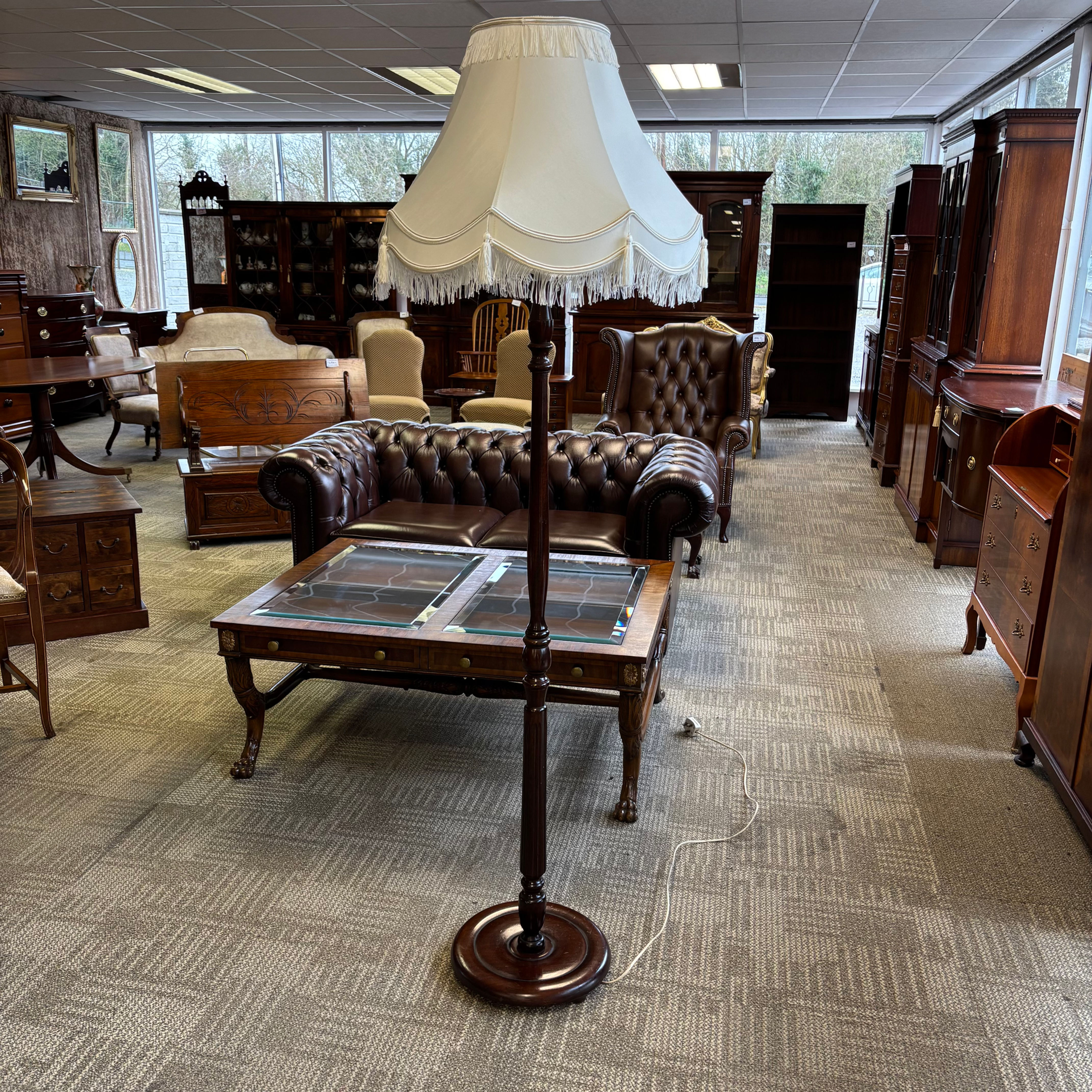 Victorian mahogany floor lamp with white shade