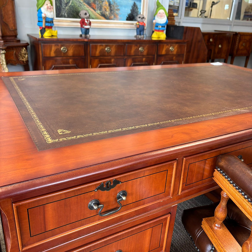 Thumbnail: Twin pedestal writing desk with a tan leather top