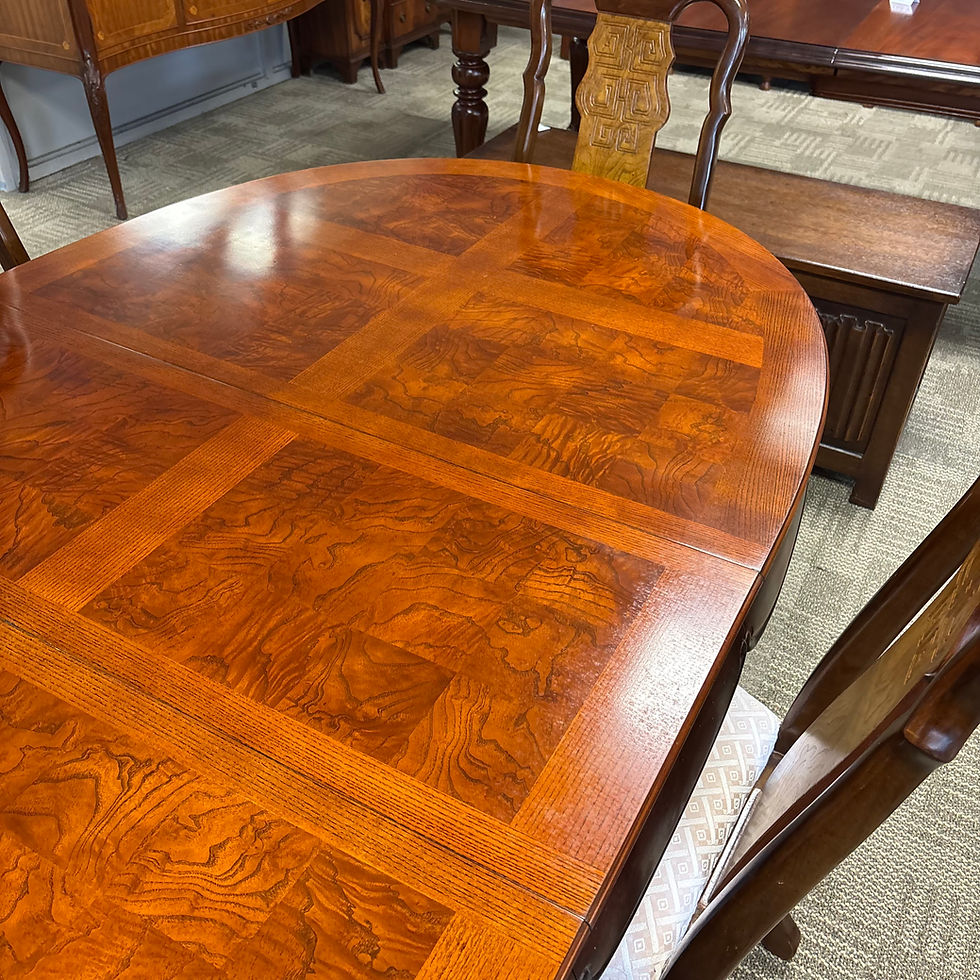 Thumbnail: Beautiful oval shaped inlaid mahogany dining table & 6 high back chairs