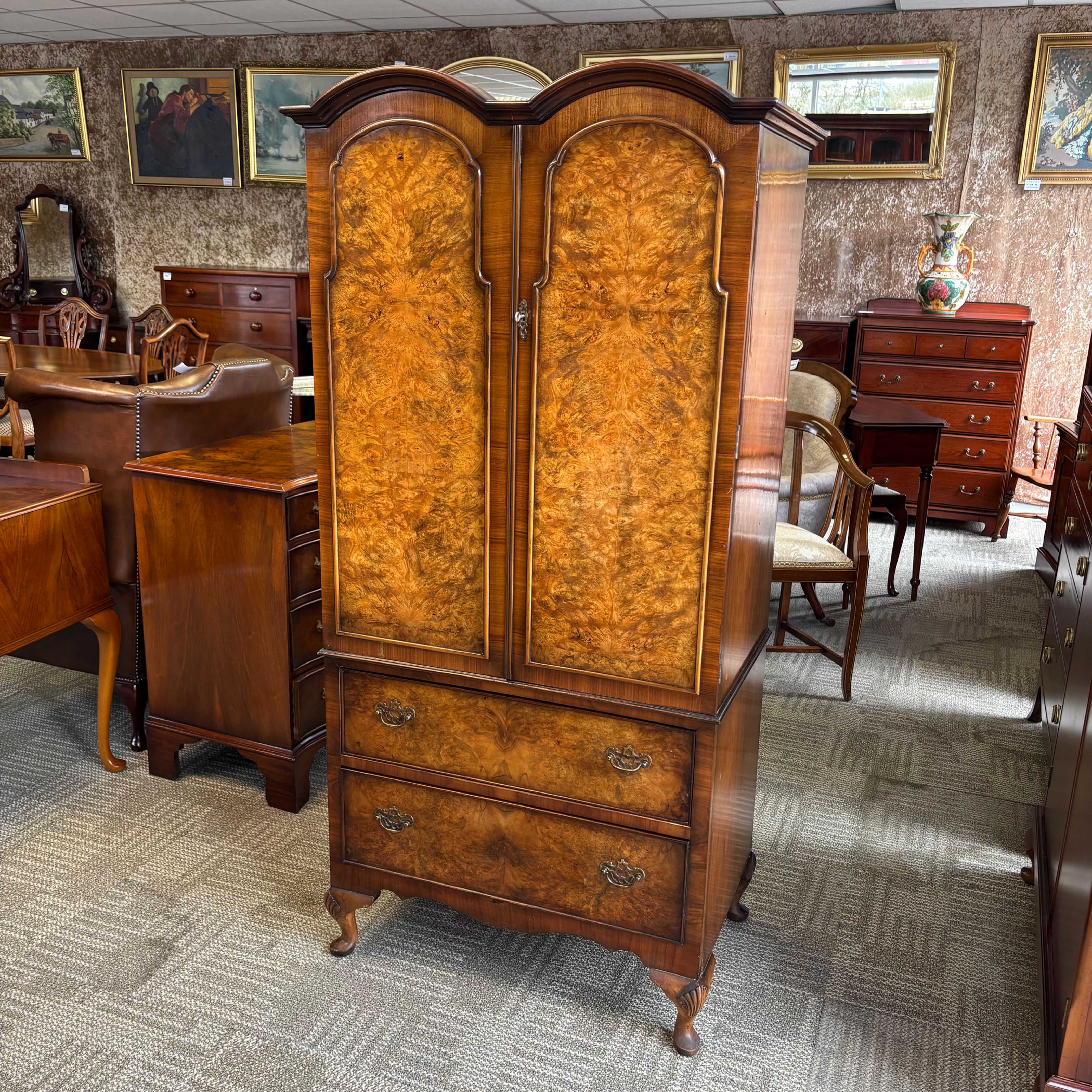 Mid 20th century burr walnut domed two door bedroom linen cabinet