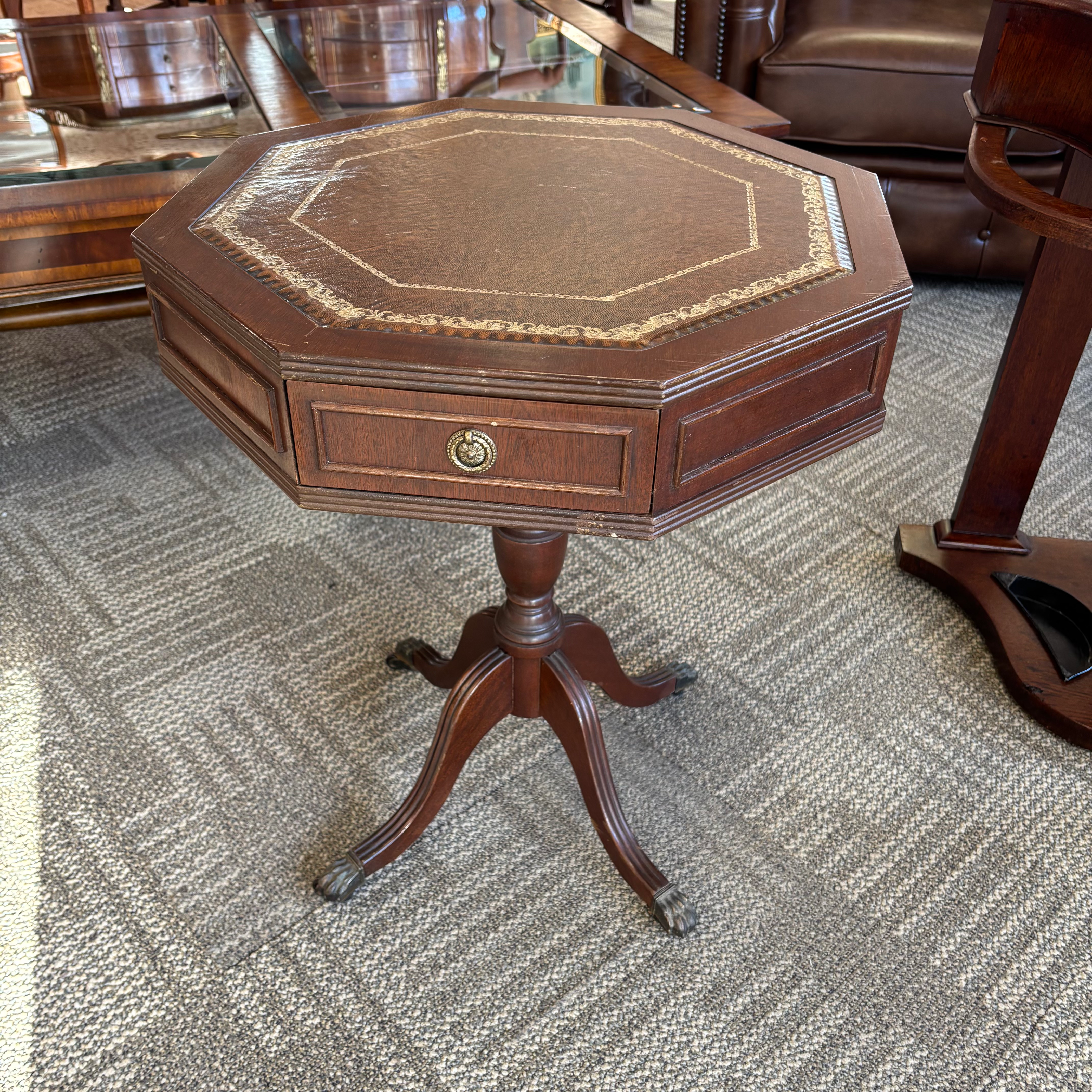 Octagonal occasional table on tripod base with two drawers & brown leather