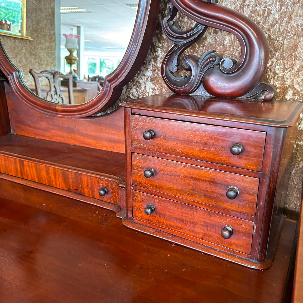Thumbnail: Antique Victorian mahogany pedestal dressing table with an ornate swivel mirror