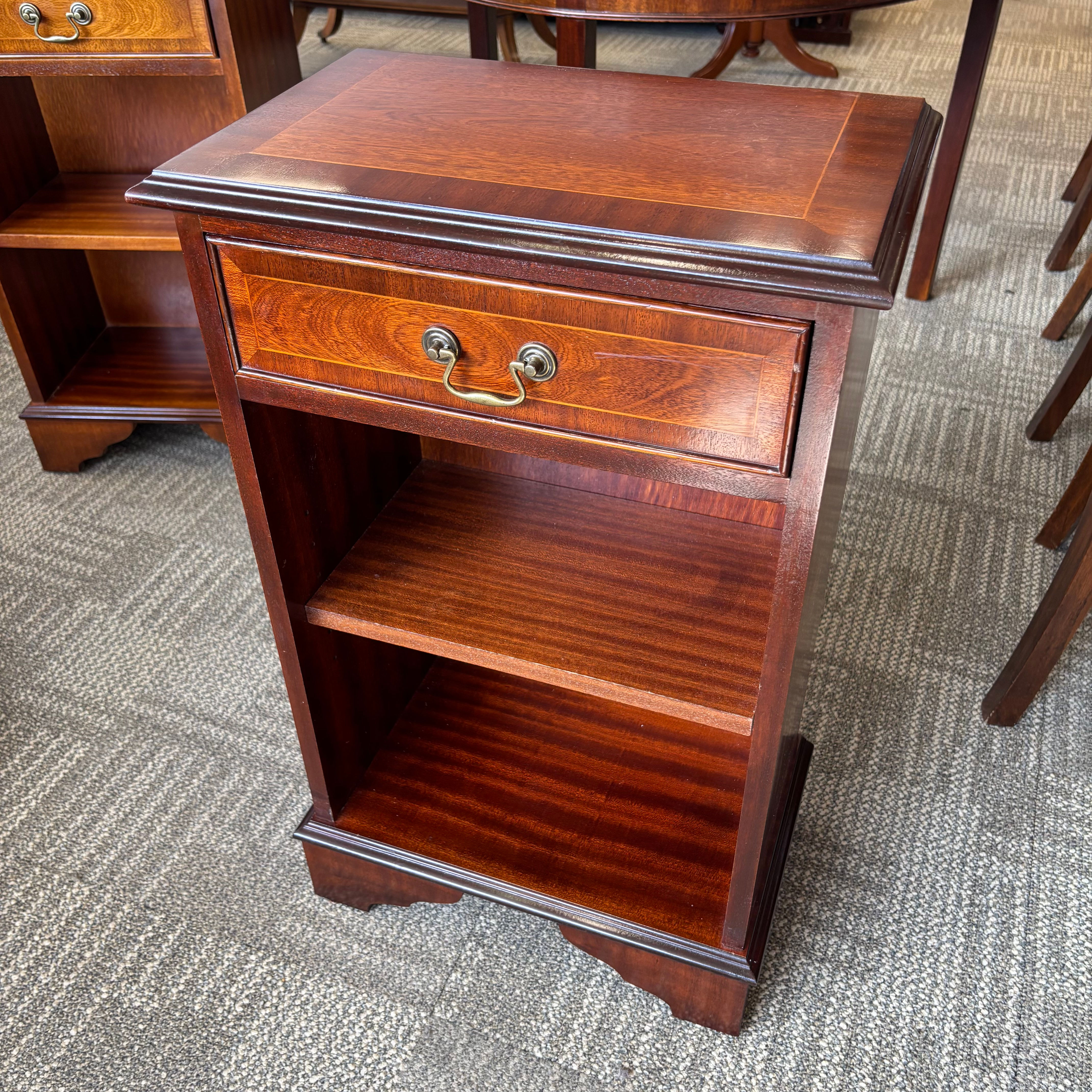 Mahogany bedside cabinet / lamp table with drawer and open shelf