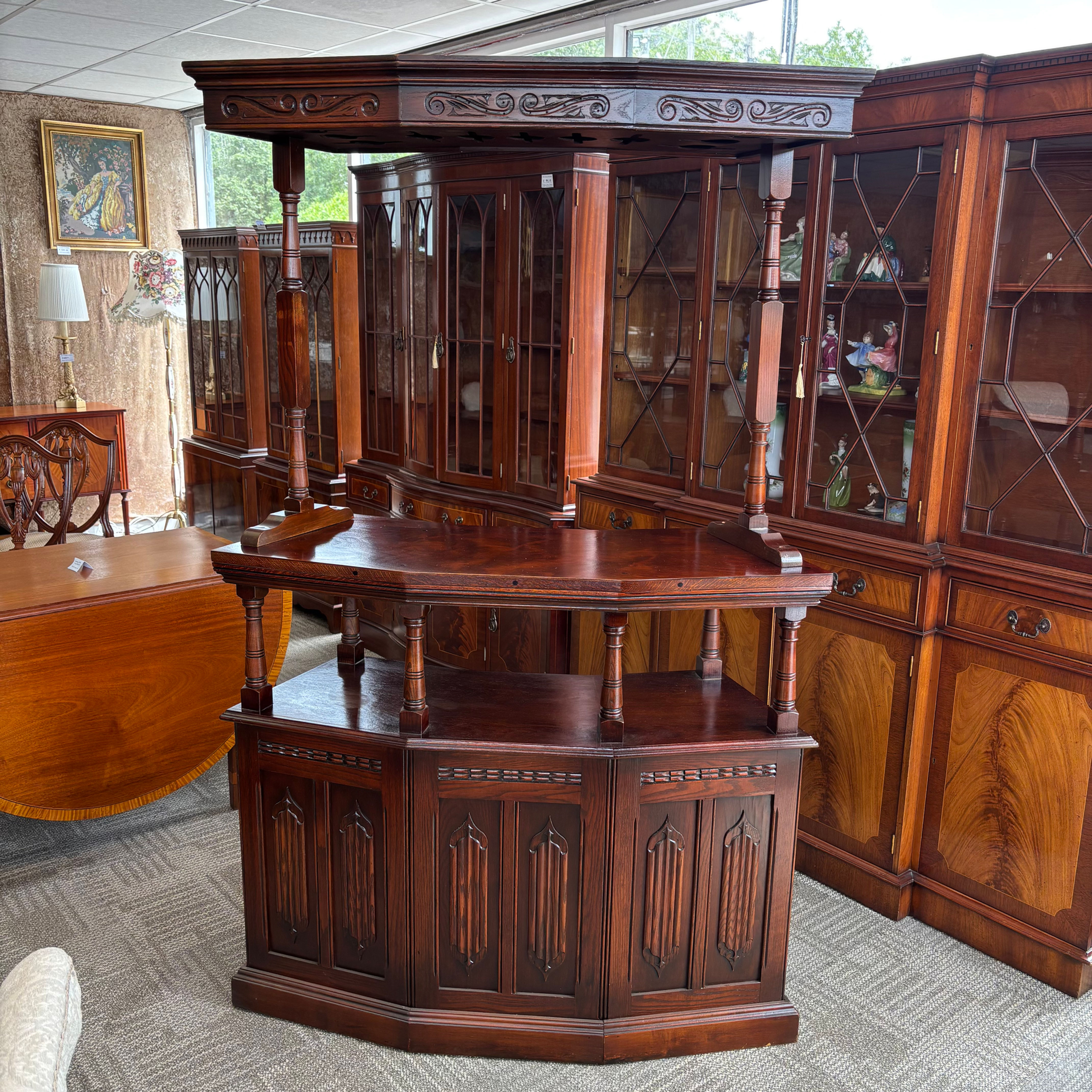 Wood Bros ‘Old Charm’ carved oak linenfold drinks bar set