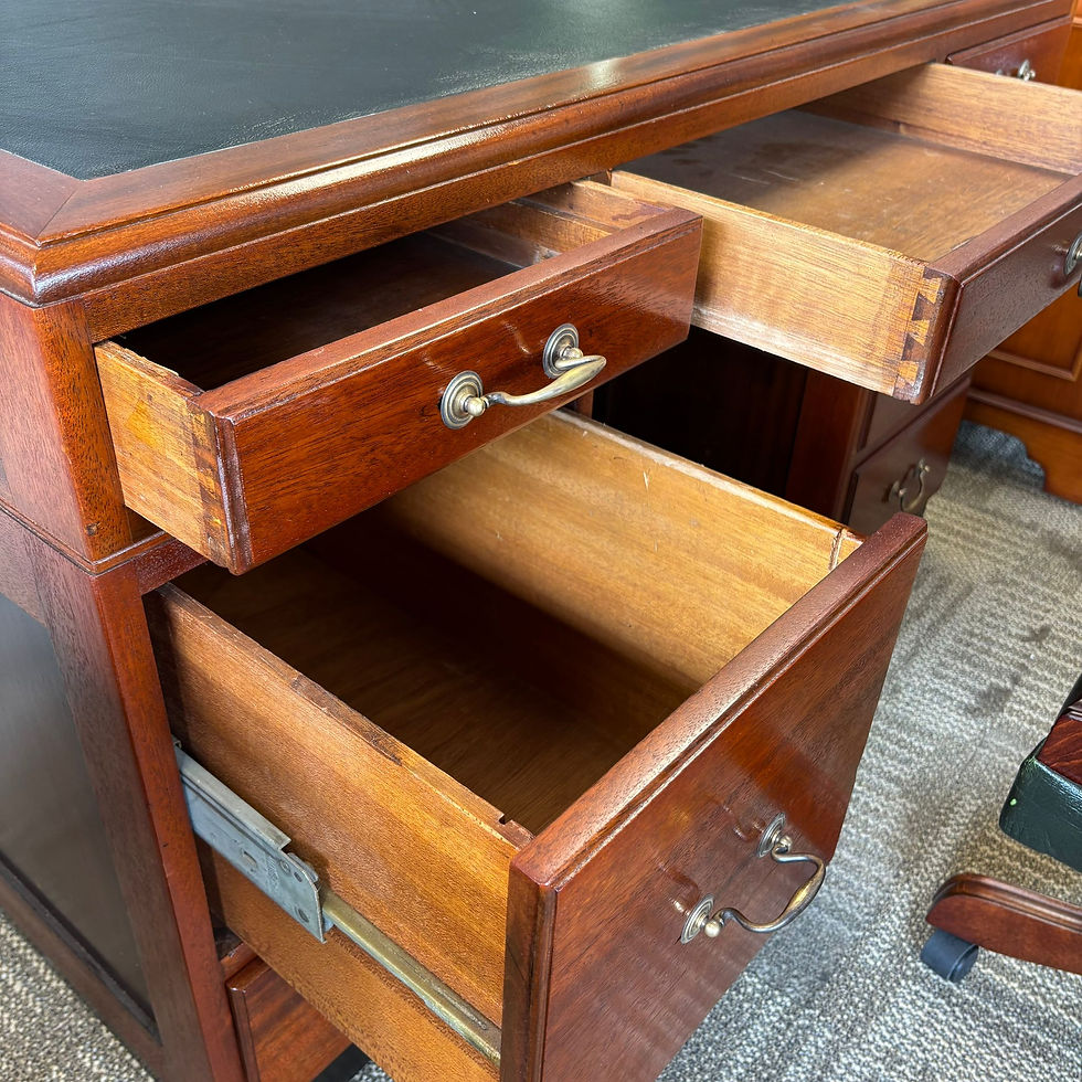 Thumbnail: Beautiful mid century green leather top pedestal writing desk