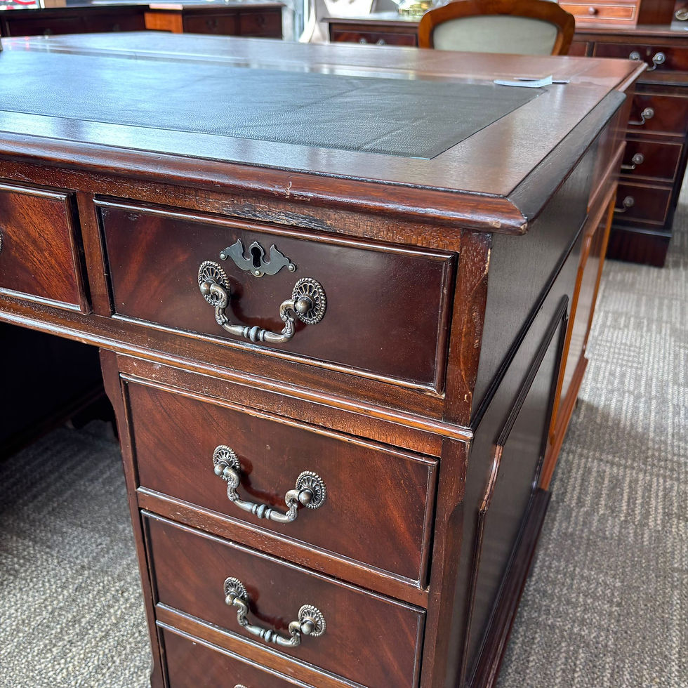 Thumbnail: Mahogany flamed green leather top twin pedestal writing desk