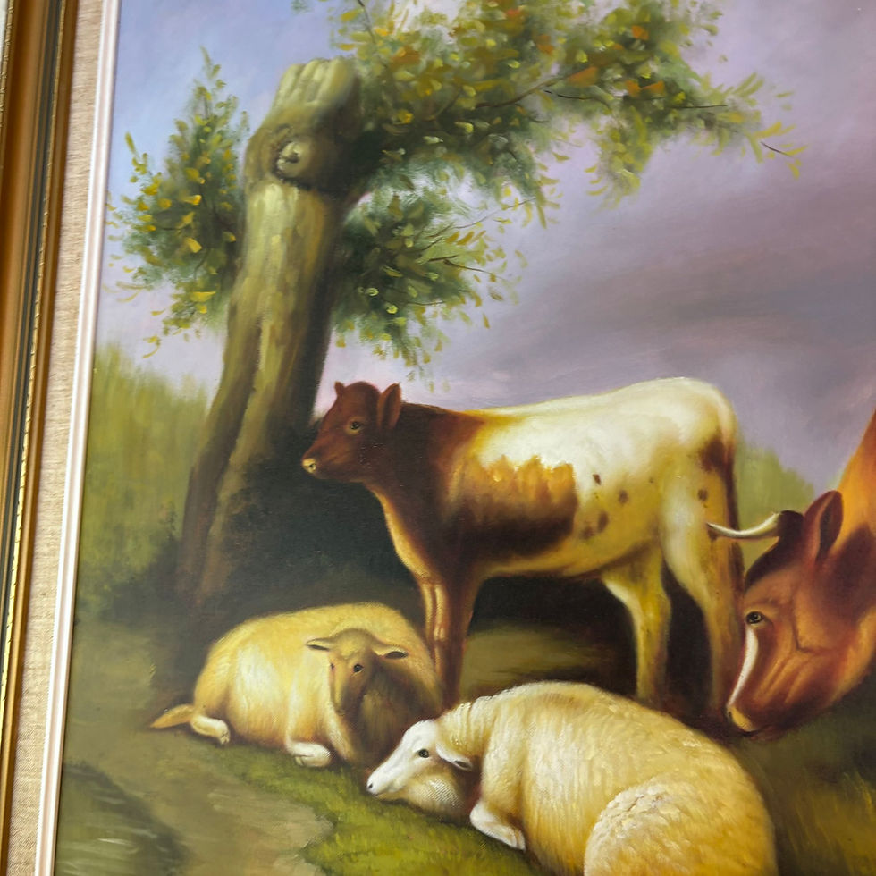 Thumbnail: "Relax by the tree sunset, farm scene" Signed. Oil on canvas, ornate gilt frame