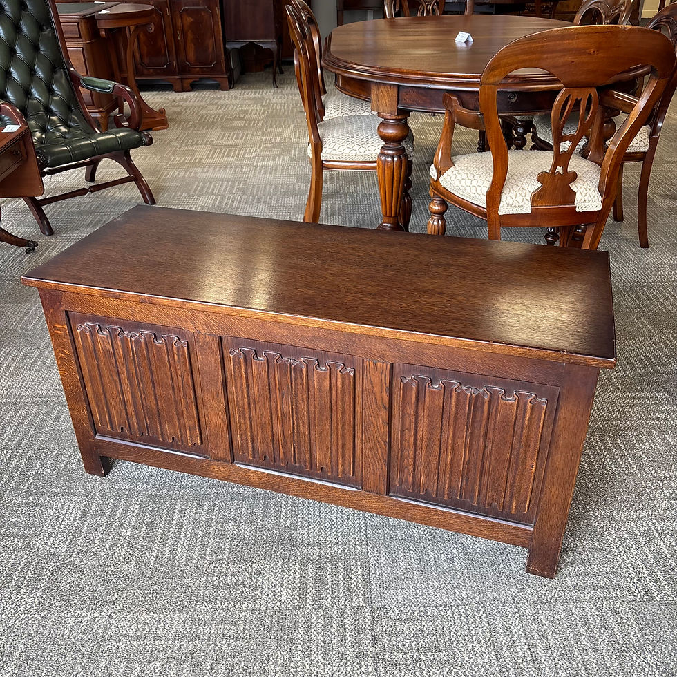 Thumbnail: Oak carved linen fold blanket storage box,  panels to front & lift up top