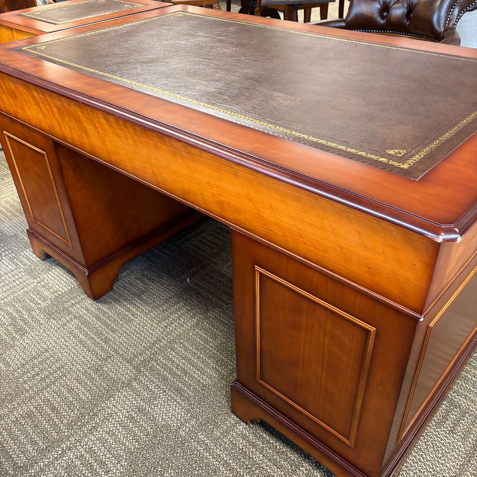 Thumbnail: Twin pedestal writing desk with a tan leather top