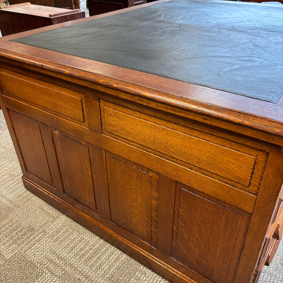 Thumbnail: Antique oak green leather top partners (double sided) pedestal writing desk
