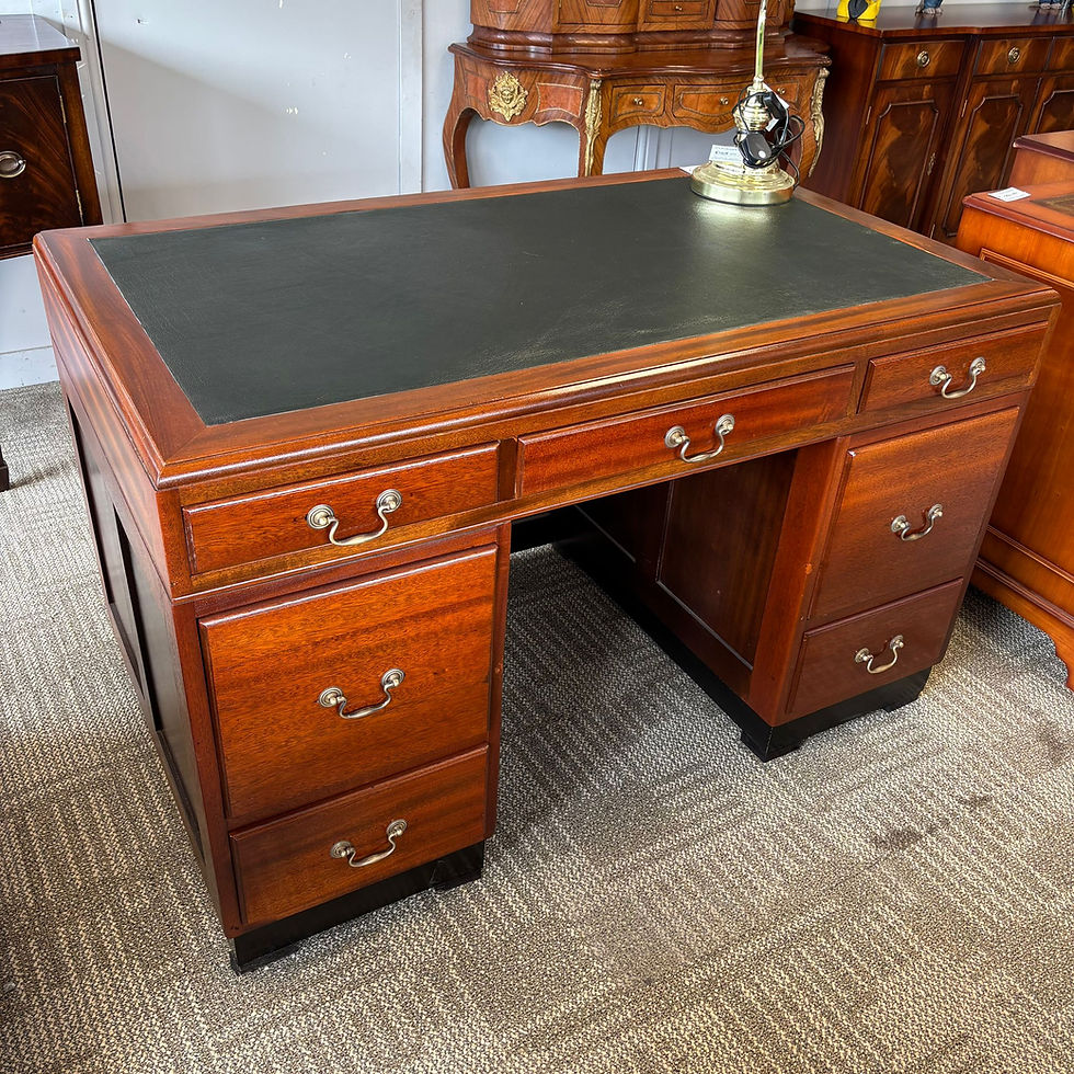 Thumbnail: Beautiful mid century green leather top pedestal writing desk