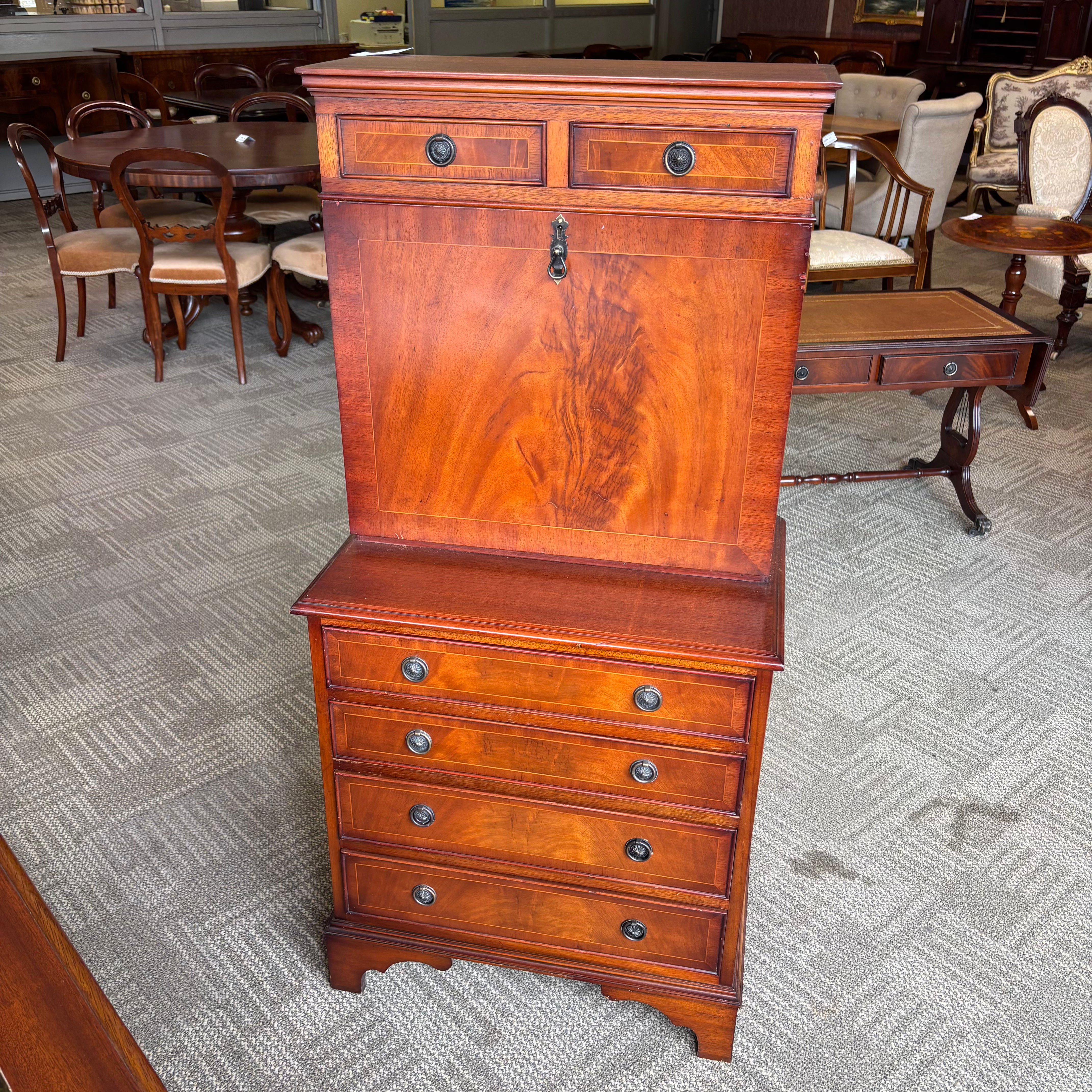 Georgian style tan leather drop leaf writing bureau