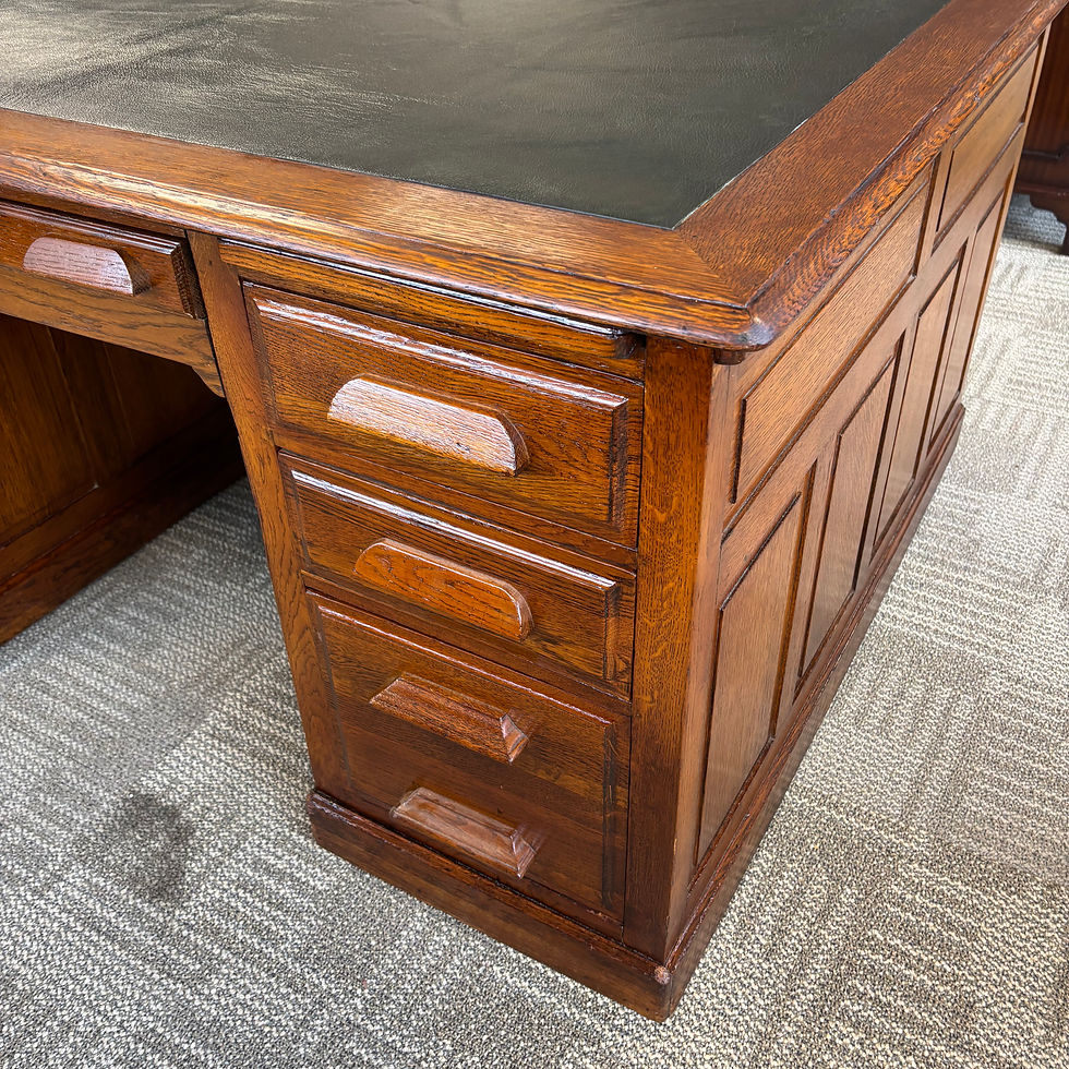 Thumbnail: Antique oak green leather top partners (double sided) pedestal writing desk