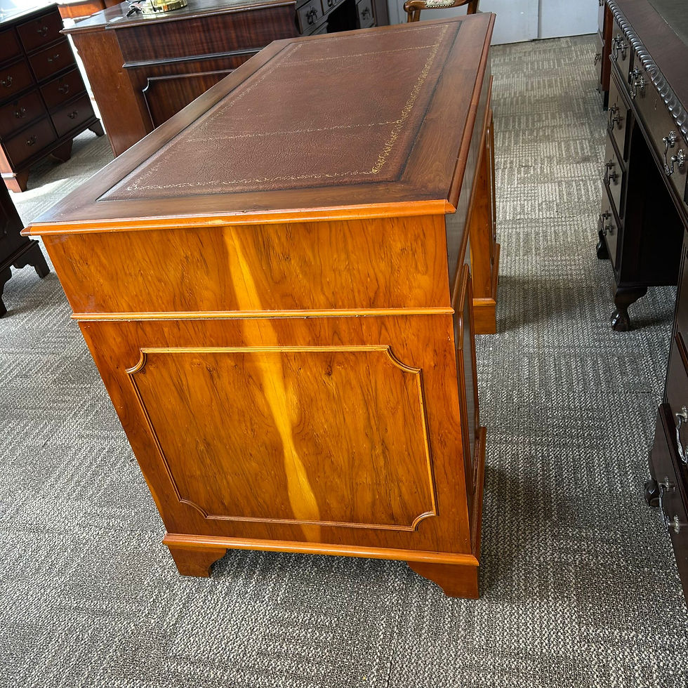 Thumbnail: Yew twin pedestal writing desk with tan leather top